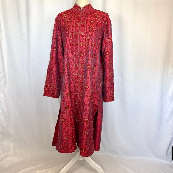 Hakar Vintage Tunic Robe Kurta Beaded Embroidered Red Silk - Picture 1 of 16